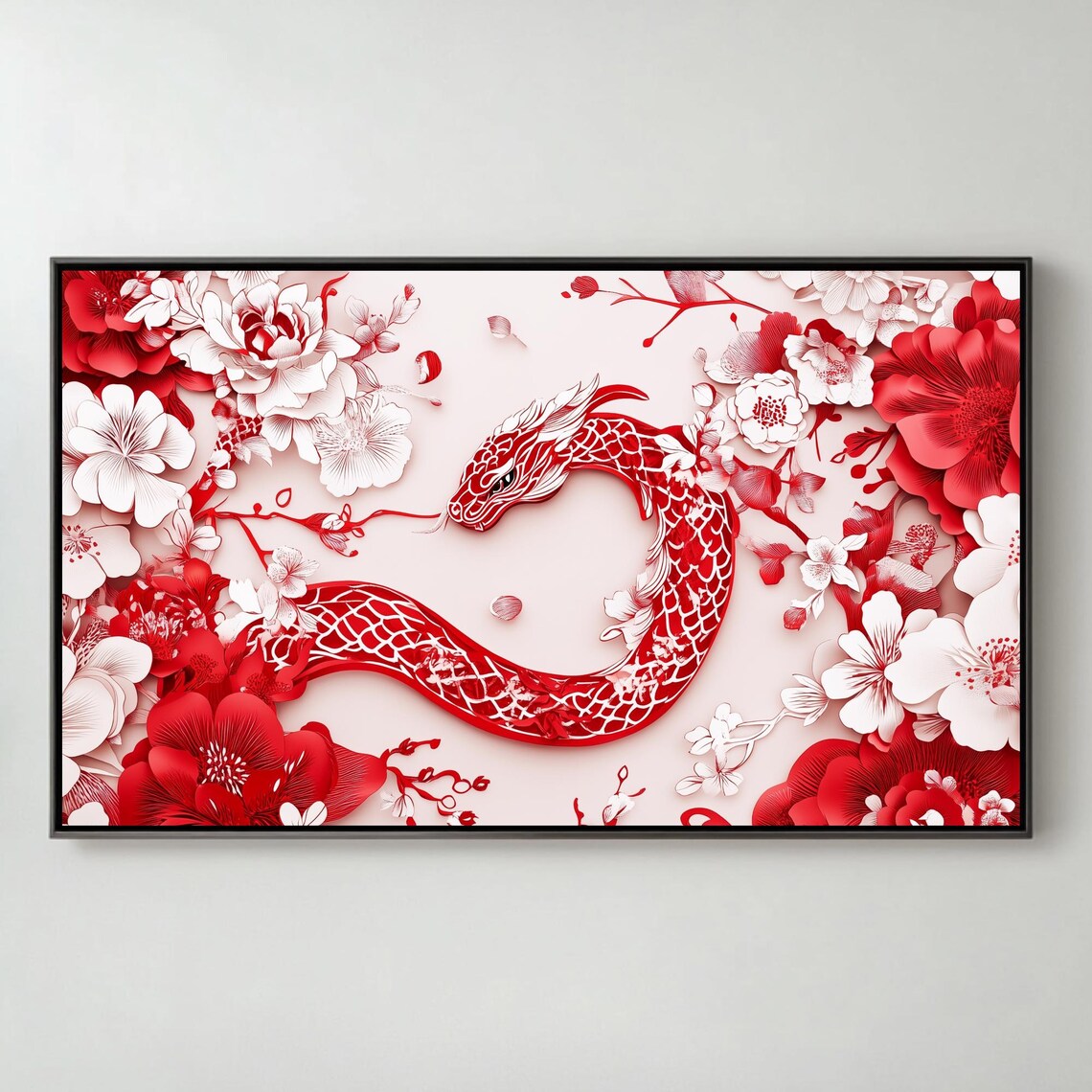 Red Papercut Snake Peonies Lunar New Year Art Frame TV Poster