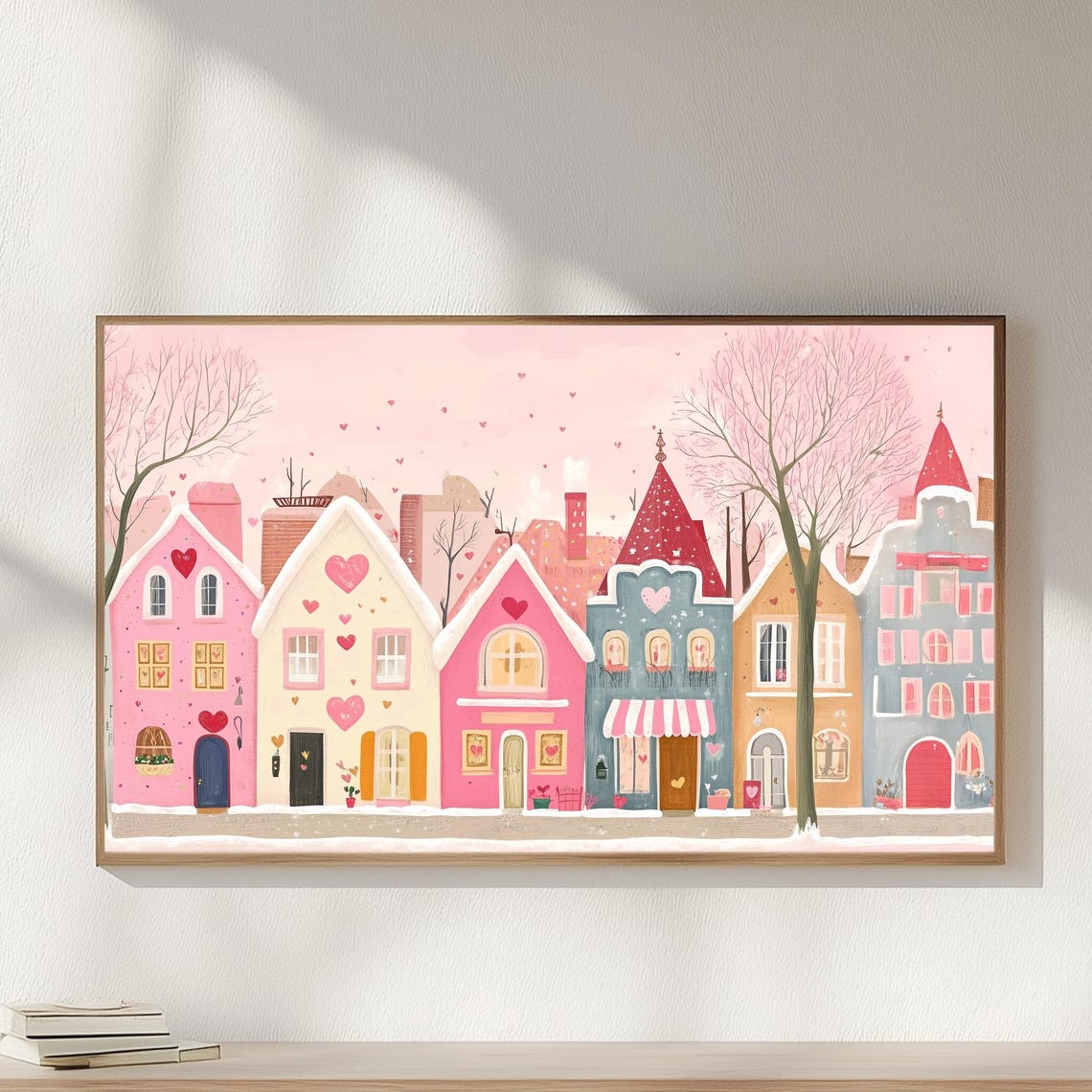 Pink Valentines Village Snowy Street Heart Art Frame TV Poster