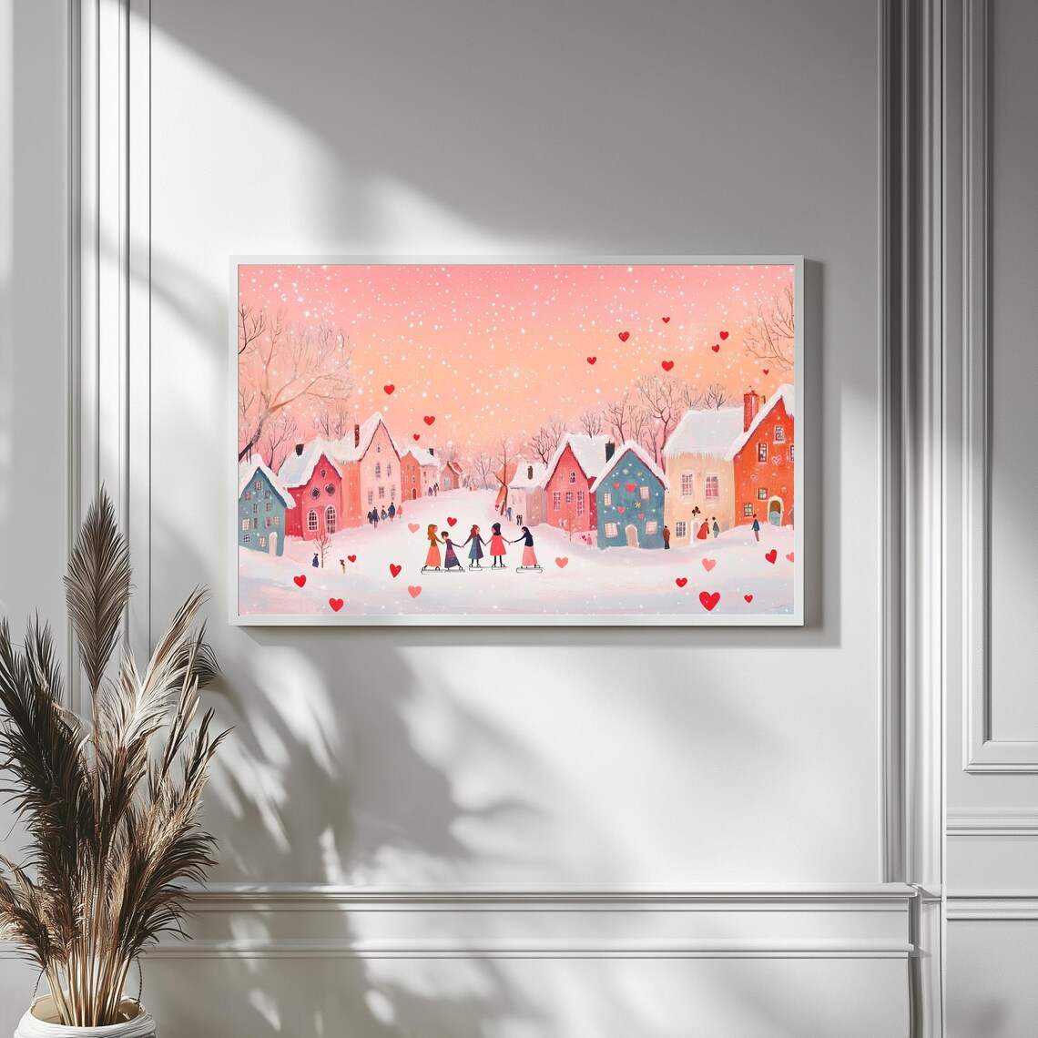 Girls Holding Hands Ice Skating Snowy Village Hearts Galentine Art - Image 4