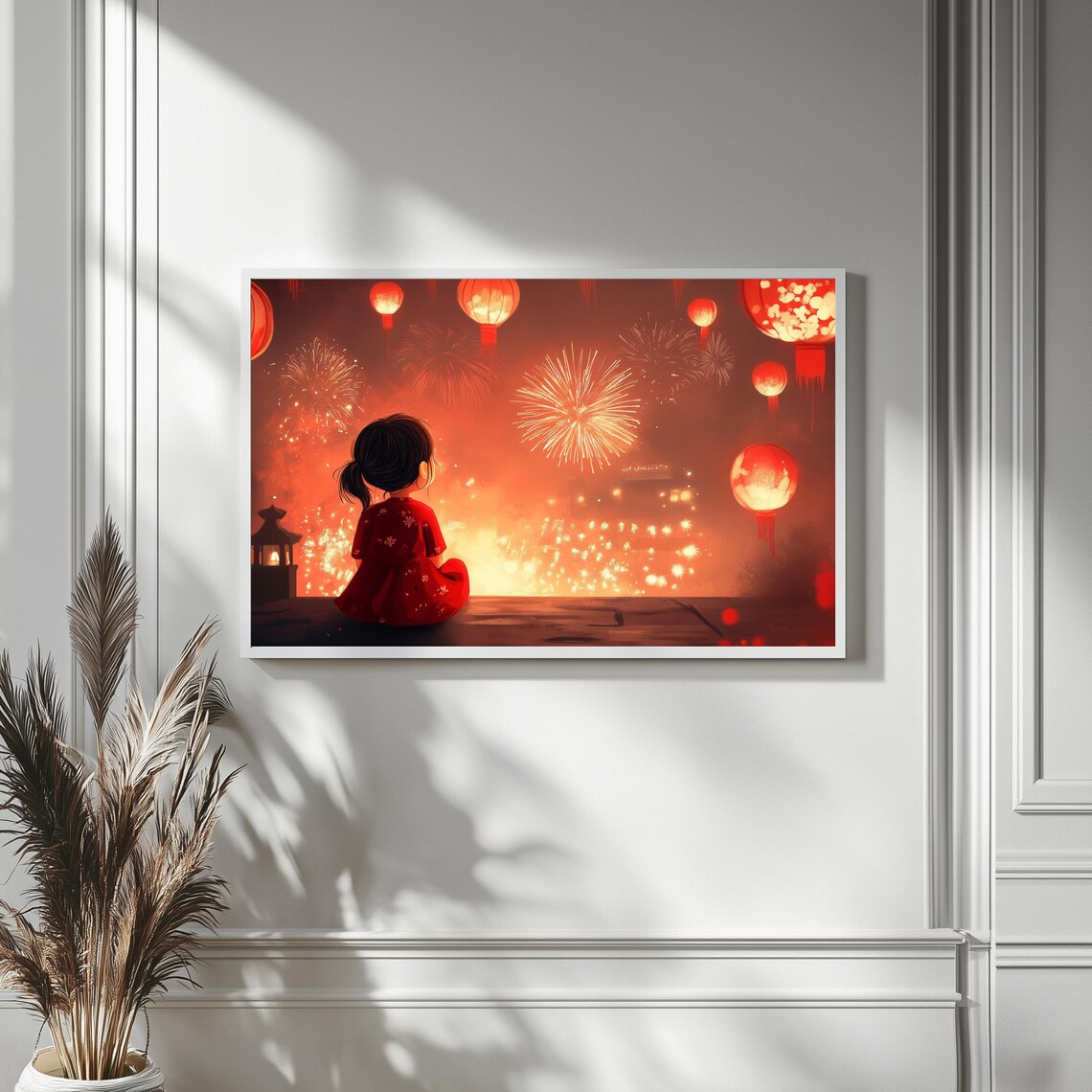 Girl Watching Fireworks Lanterns Lunar New Year Art Frame TV Poster - Image 4