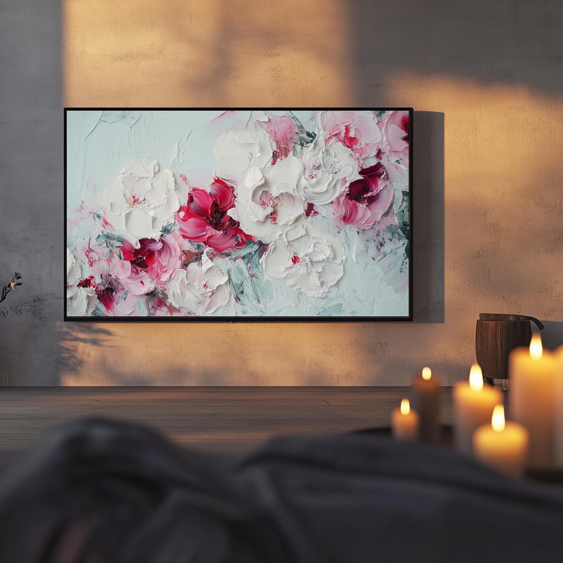 White And Pink Peony Impasto Painting Frame TV Floral Wall Art - Image 3