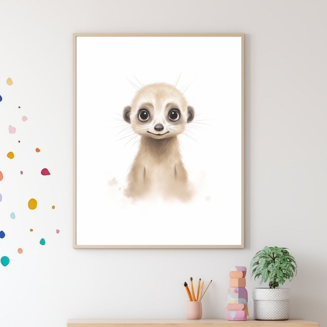 Cute Baby Meerkat Watercolor Portrait White Safari Nursery Wall Art