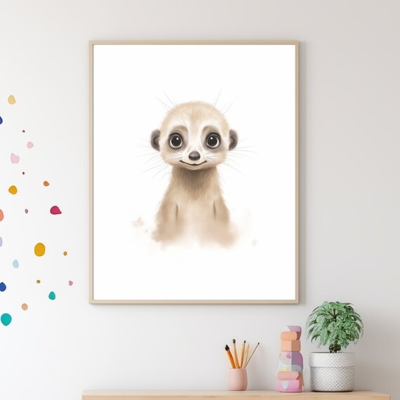 Cute Baby Meerkat Watercolor Portrait White Safari Nursery Wall Art