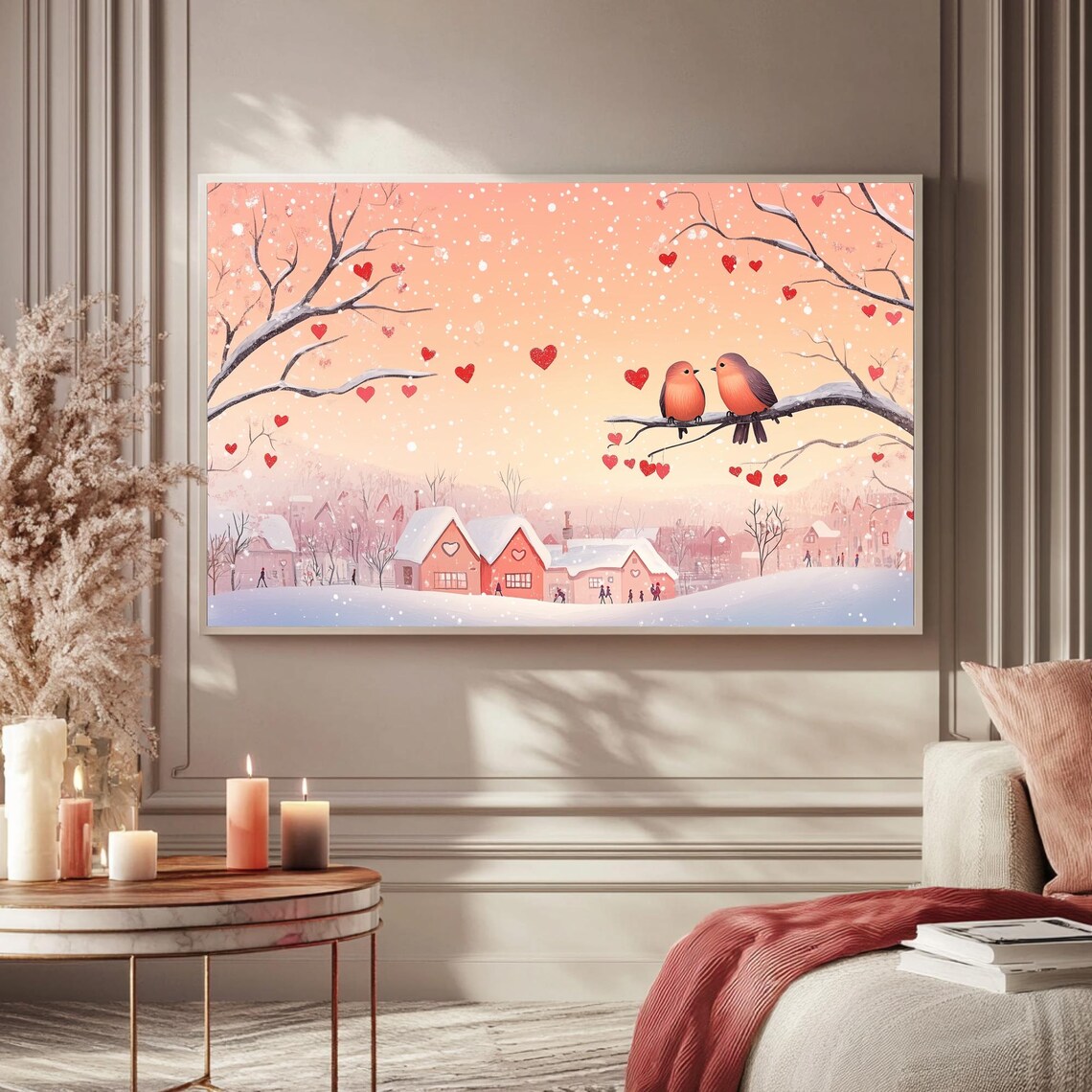Winter Lovebirds On Snowy Branch Heartfelt Village Sunset Poster - Image 5