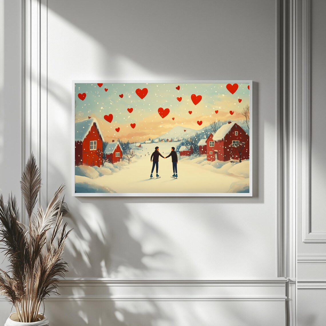 Gay Couple Ice Skating Hand In Hand Snowy Hearts Wall Art Poster - Image 4