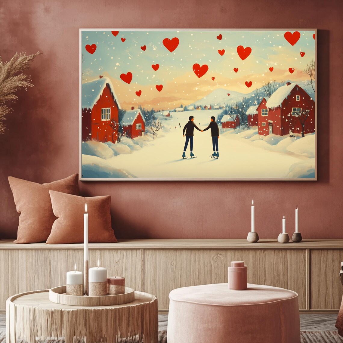 Gay Couple Ice Skating Hand In Hand Snowy Hearts Wall Art Poster - Image 2