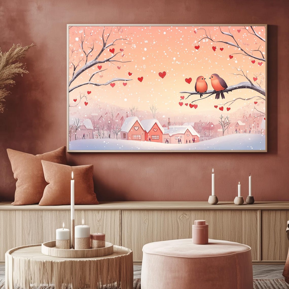 Winter Lovebirds On Snowy Branch Heartfelt Village Sunset Poster - Image 2
