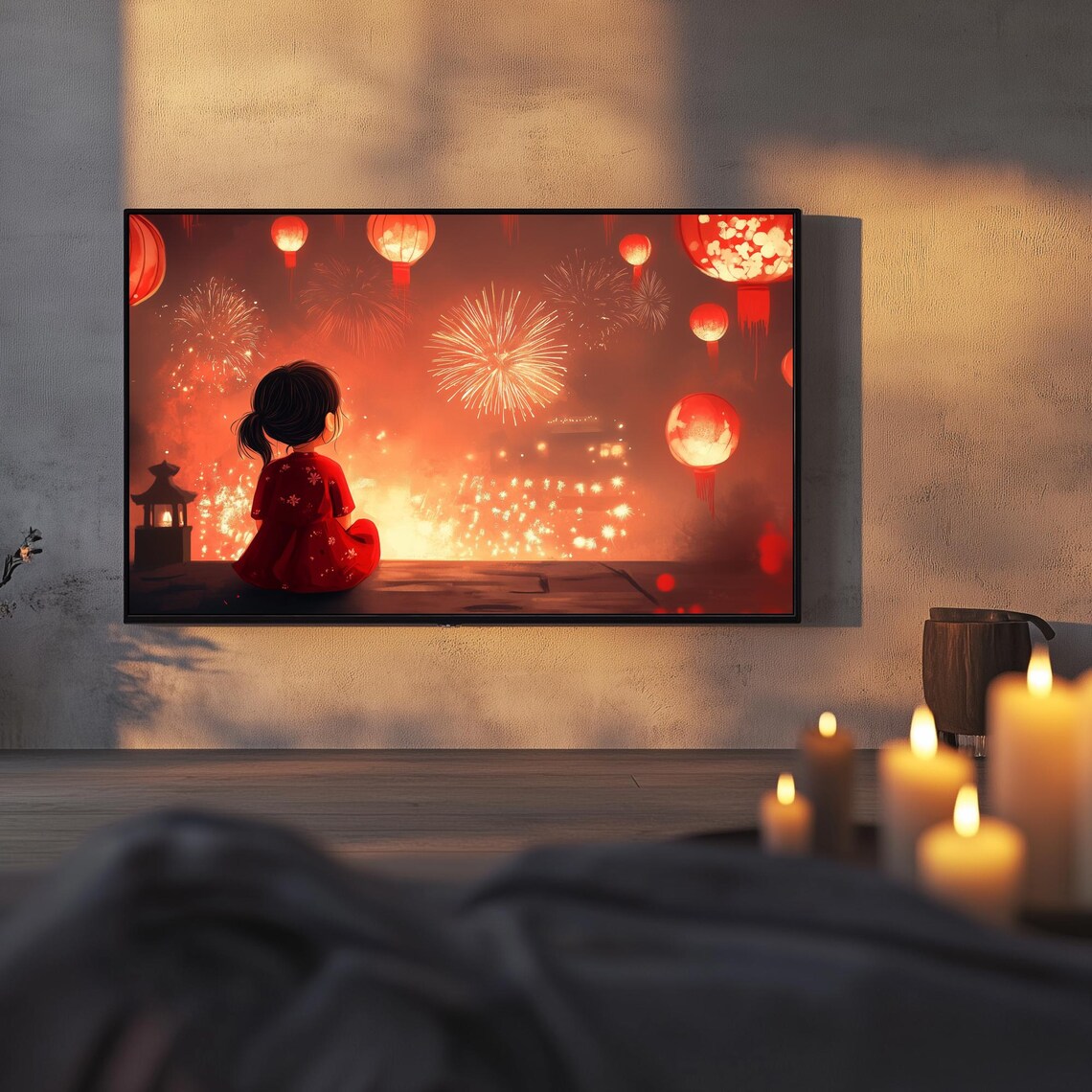 Girl Watching Fireworks Lanterns Lunar New Year Art Frame TV Poster - Image 3