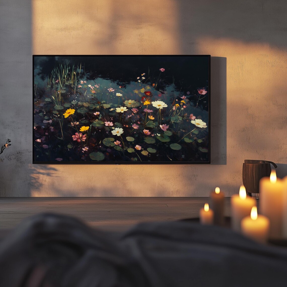 Colorful Wildflowers Dark Lake Moody Botanical Painting TV Poster - Image 3