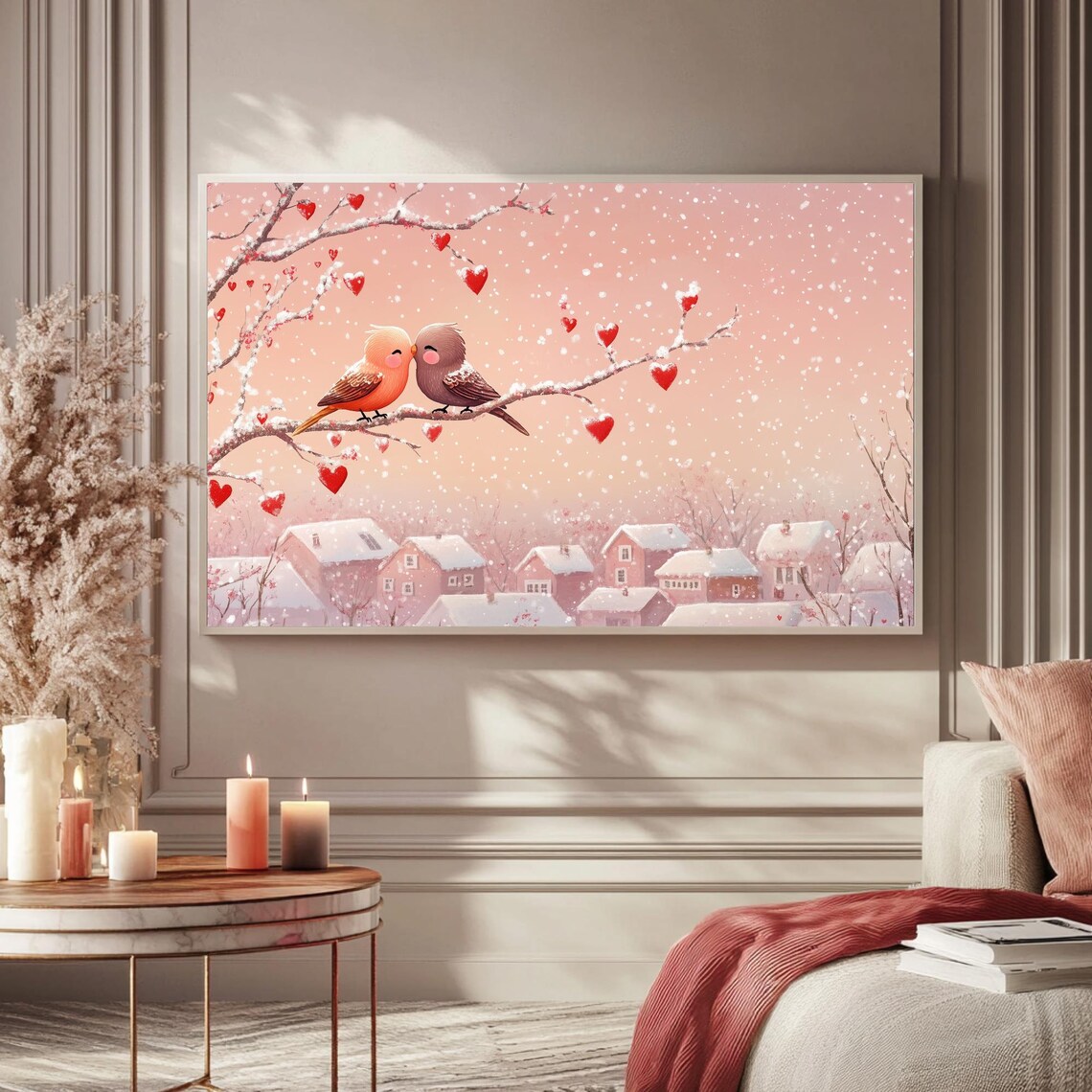 Lovebirds On Snowy Branch Over Village Floating Hearts Wall Art - Image 5