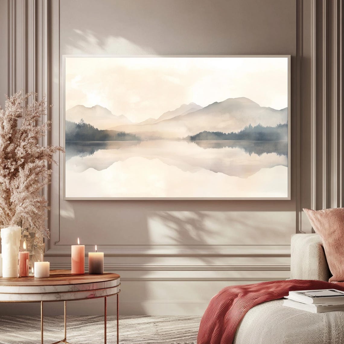 Neutral Mountain Lake Reflection Watercolor Landscape TV Poster - Image 5