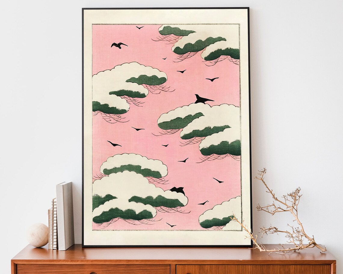 Japanese Snow Pines Pink Sky Birds Woodblock Style Art Poster