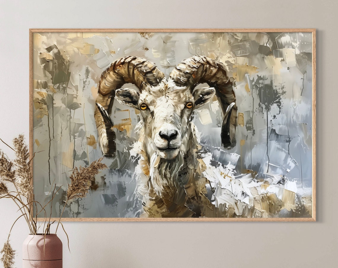 Big Horn Ram Portrait Neutral Tones Wildlife Painting Wall Art