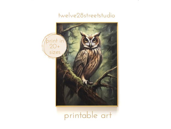 Mysterious Owl Botanical Poster Instant Downloand Artwork Print In 20 Sizes Wall Art Vintage Wall Art Moody Wall Art