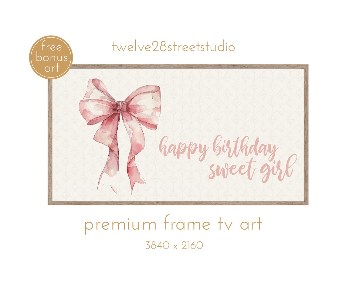 Birthday Frame TV Art, Pink Bow Birthday Decor