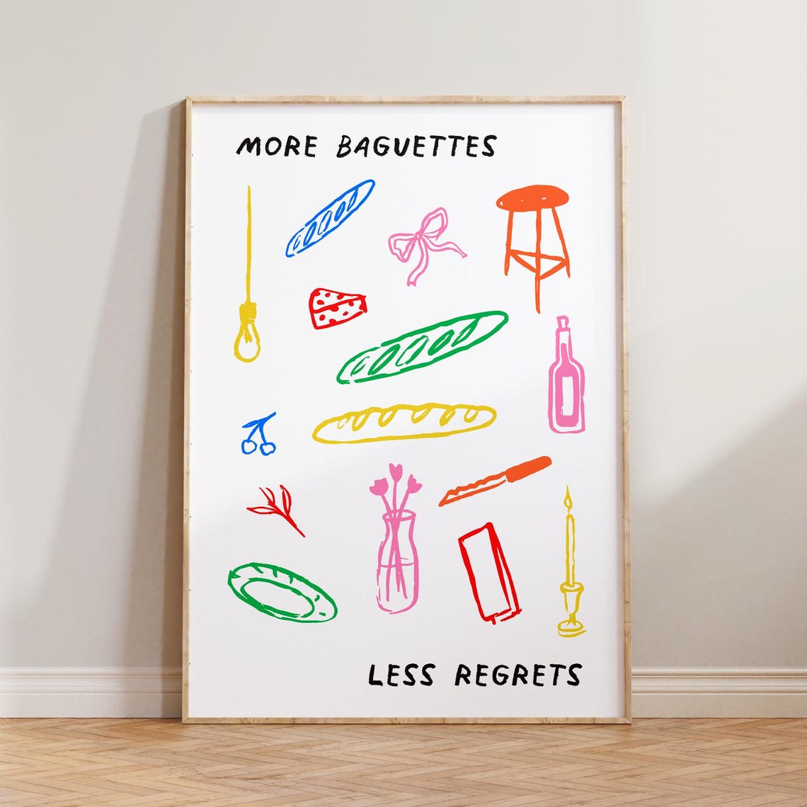 Kitchen Print Funny Wall Art Bread Poster More Baguettes Less Regrets Cute Illustrations Decor Hand Drawn Prints