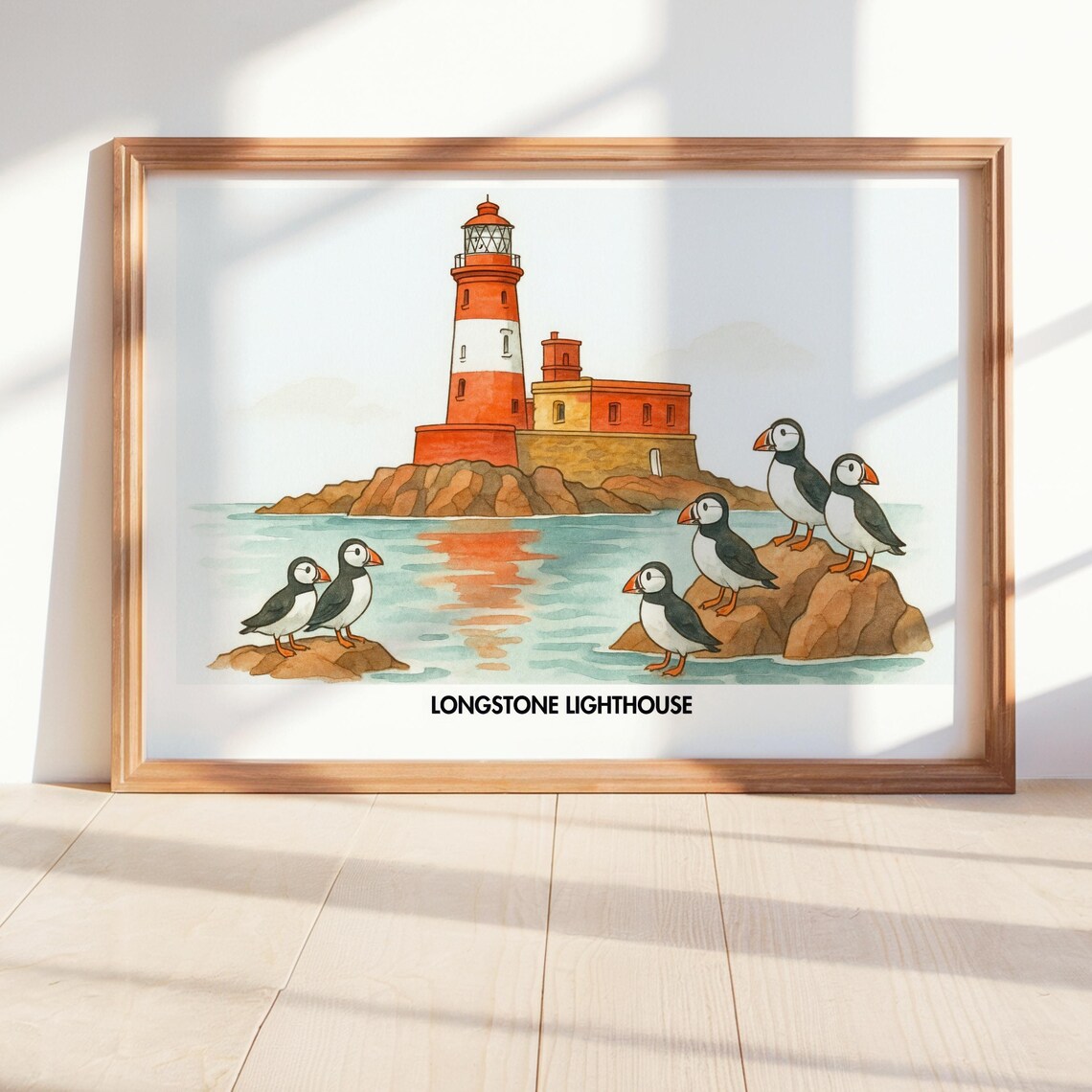 Longstone Lighthouse Puffins Watercolor Coastal England Poster