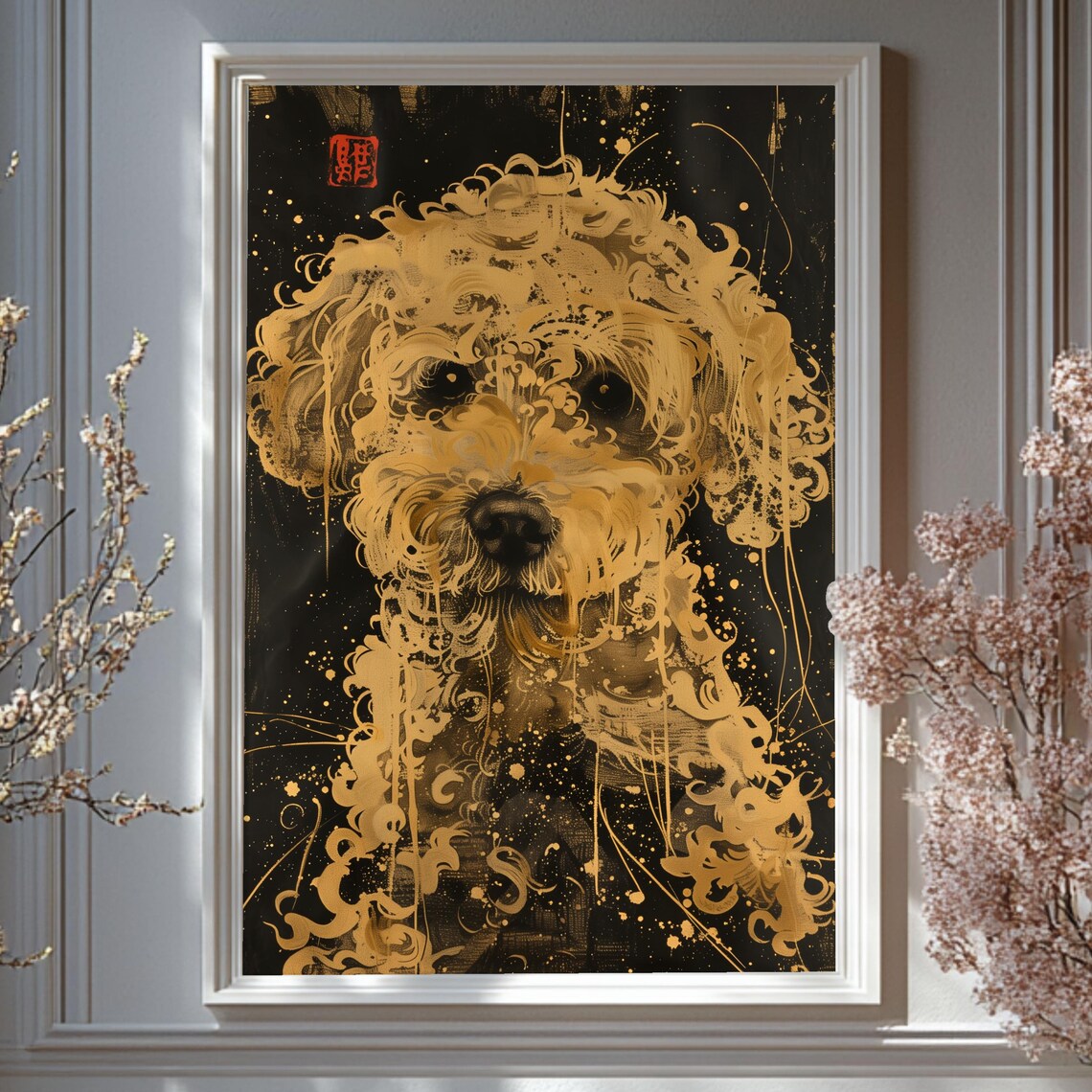 Golden Dog Japanese Style Ink Portrait Black Background Pet Art Poster