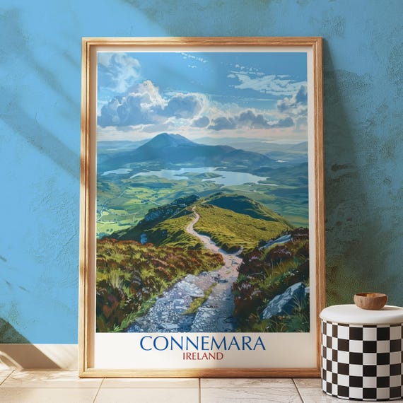 Connemara Ireland Wall Art Print Illustrated Mountain Landscape Poster With Scenic Hiking Trail And Lakes View