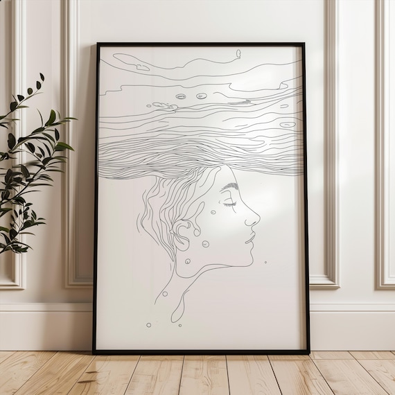 Dreaming Woman Single Line Art Flowing Water Hair Poster Minimal