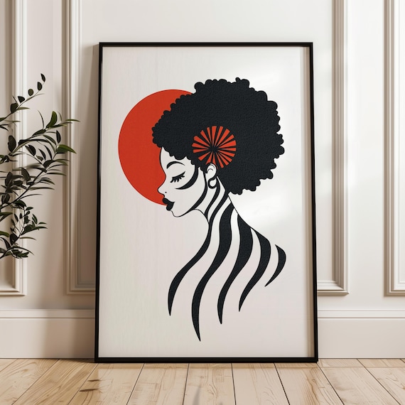 African Woman Afro Profile Red Sun Bold Black Line Art Poster