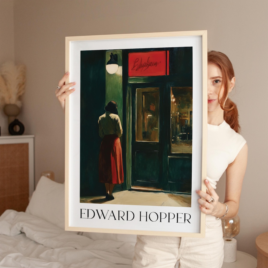 Edward Hopper Woman In Red Skirt Entering Nighttime Doorway Poster