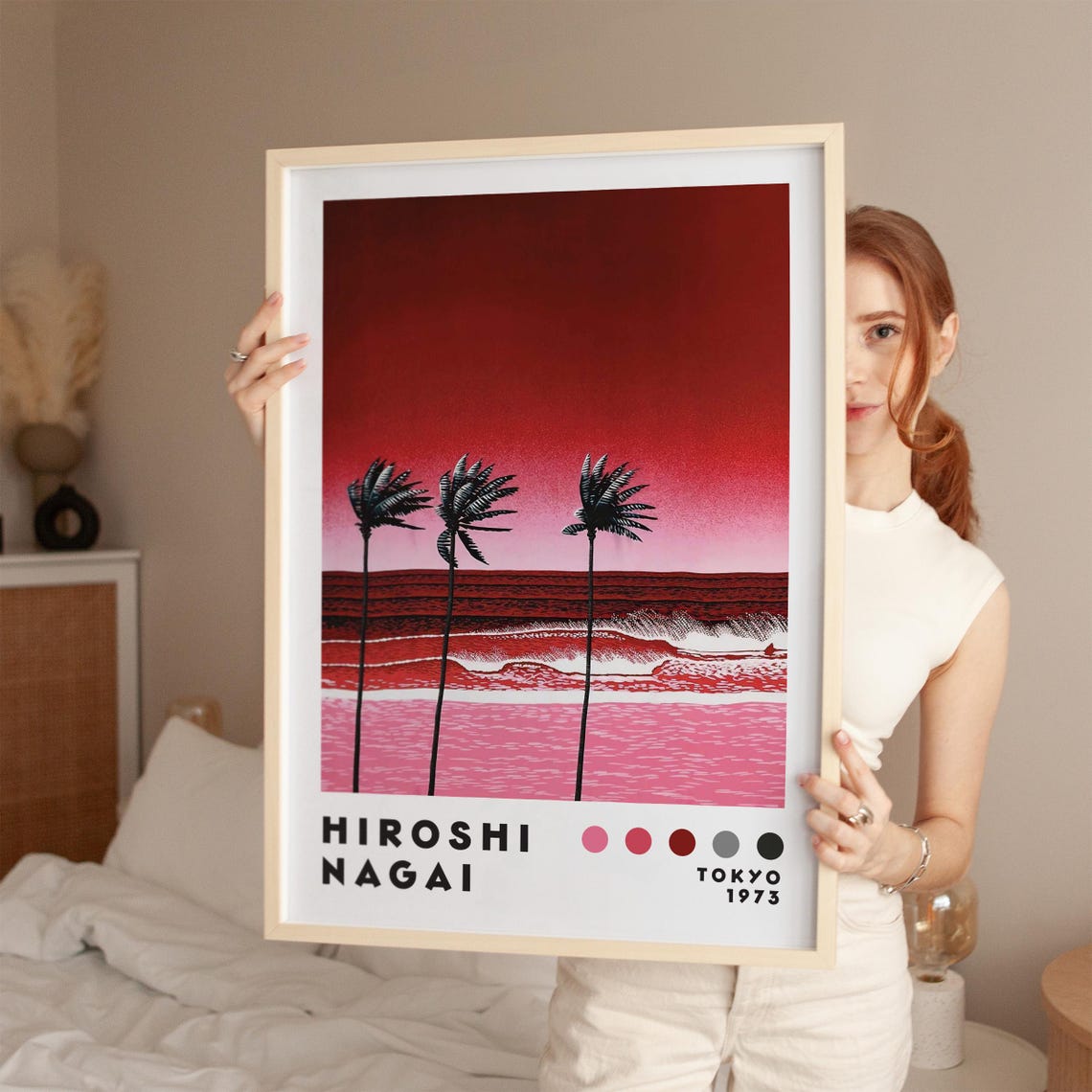 Hiroshi Nagai Red Sunset Ocean Three Palm Silhouette Retro Art Poster