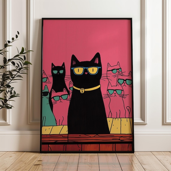 Cool Cats with Sunglasses Hot Pink Pop Art Funny Group Poster