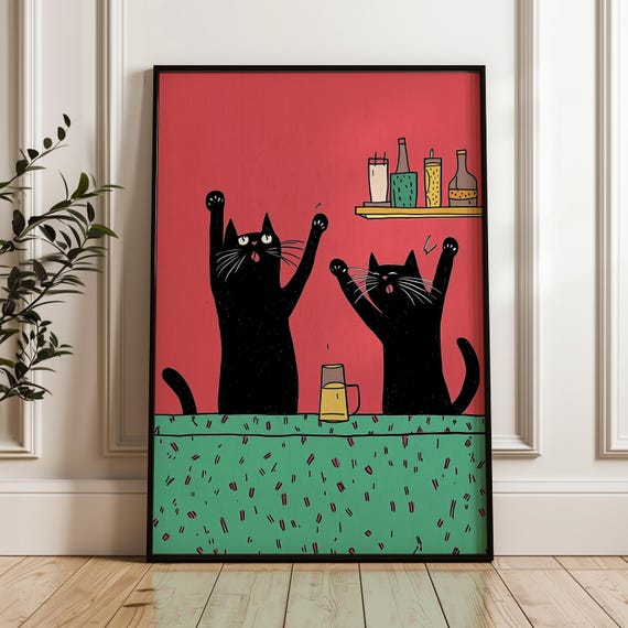 Cats Partying Poster Funny Comedy Animal Art Print Wall Decor Vintage Unique Artsy Comical