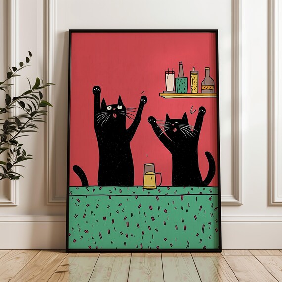 Two Black Cats Cheering Paws Up Red Background Comical Party Poster