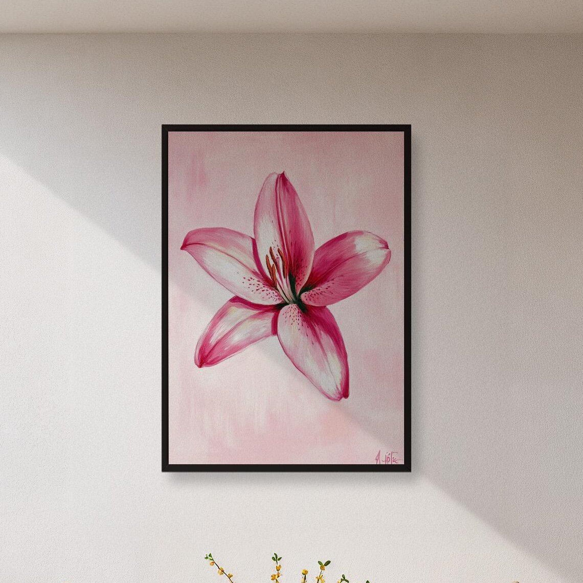 Pink Lily Flower Watercolor Botanical Art Print on Blush Background