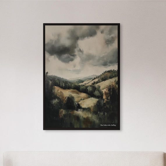 Framed Moody Mountain Valley Wall Art Print Dramatic Landscape Poster Stormy Nature Painting Gift For Rustic Cabin Thoughtful Home Decor