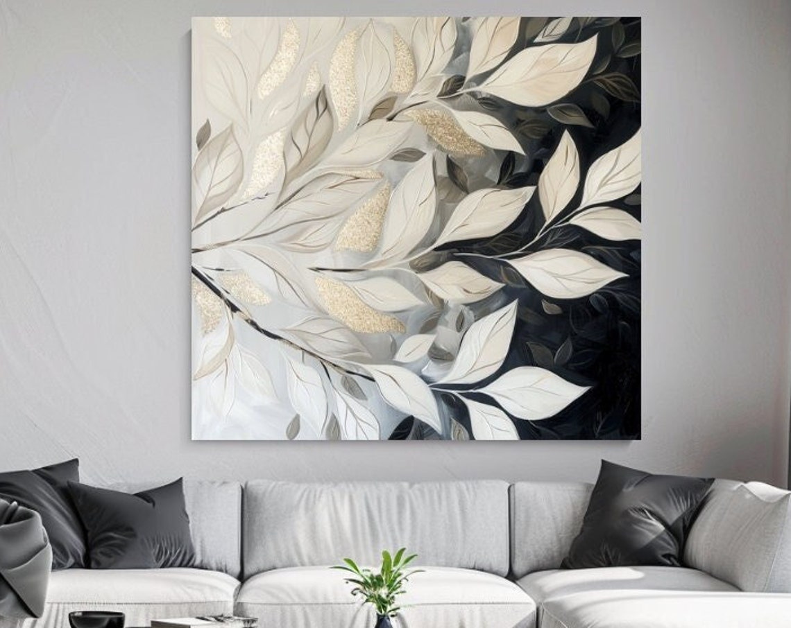 Sweeping White Gold Leaf Branch On Black Elegant Botanical Wall Art