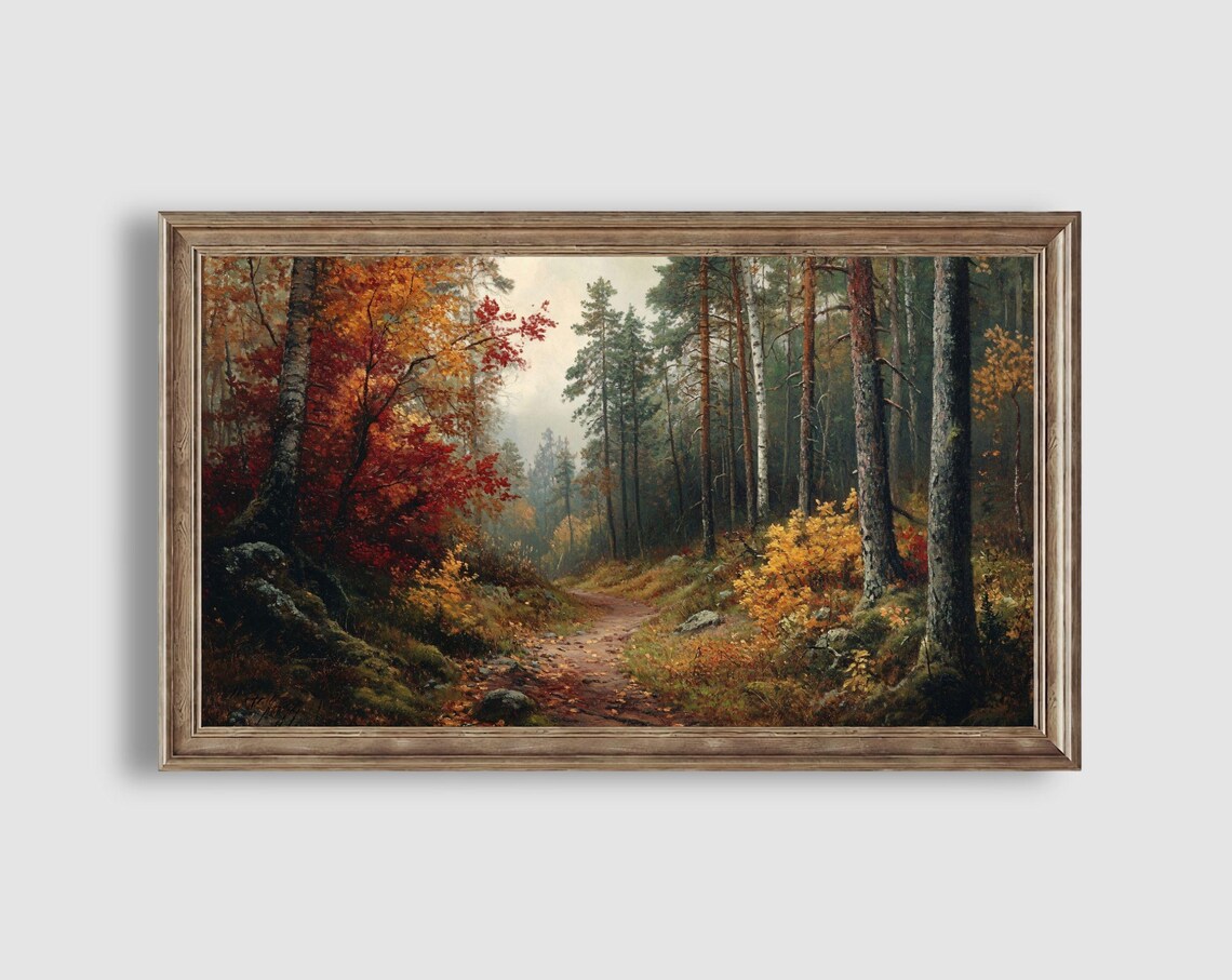 Autumn Forest Trail Pines and Red Maples Misty Woodland Path Art Poster - Image 2