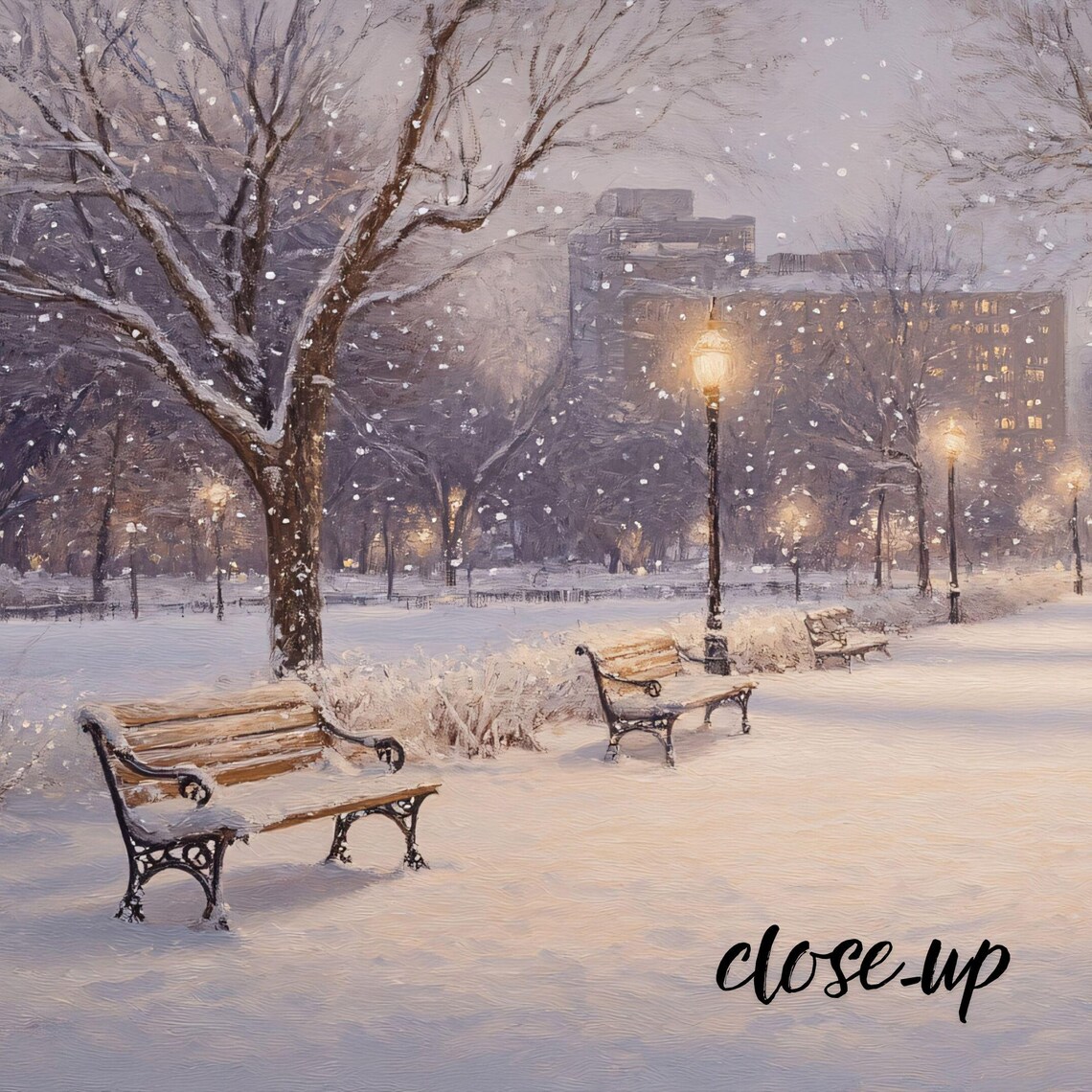 Snowy City Park Path Lamplights Benches Winter Evening Scene Art Poster - Image 4