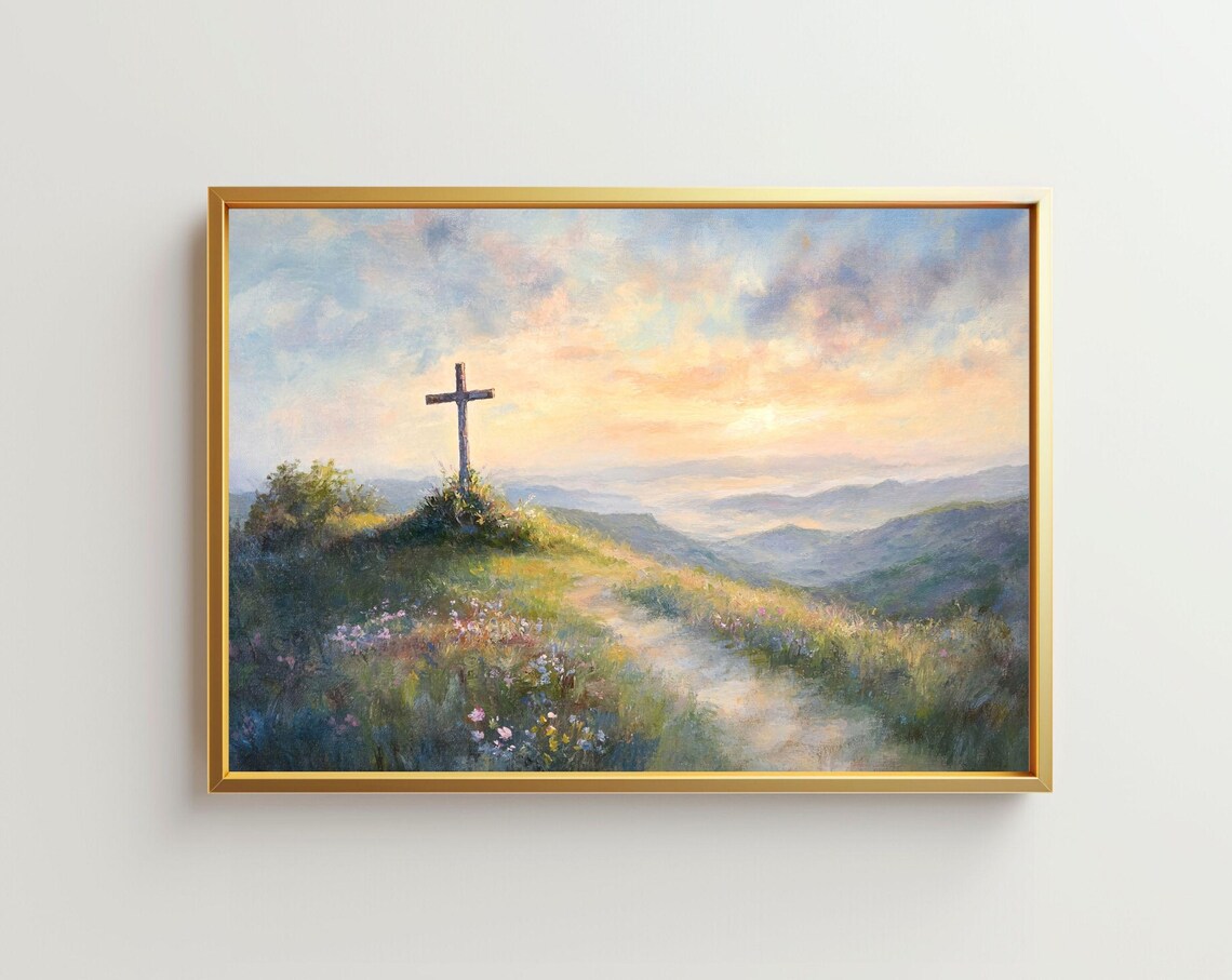 Wooden Cross on Sunrise Hill Mountain Valley Christian Faith Poster