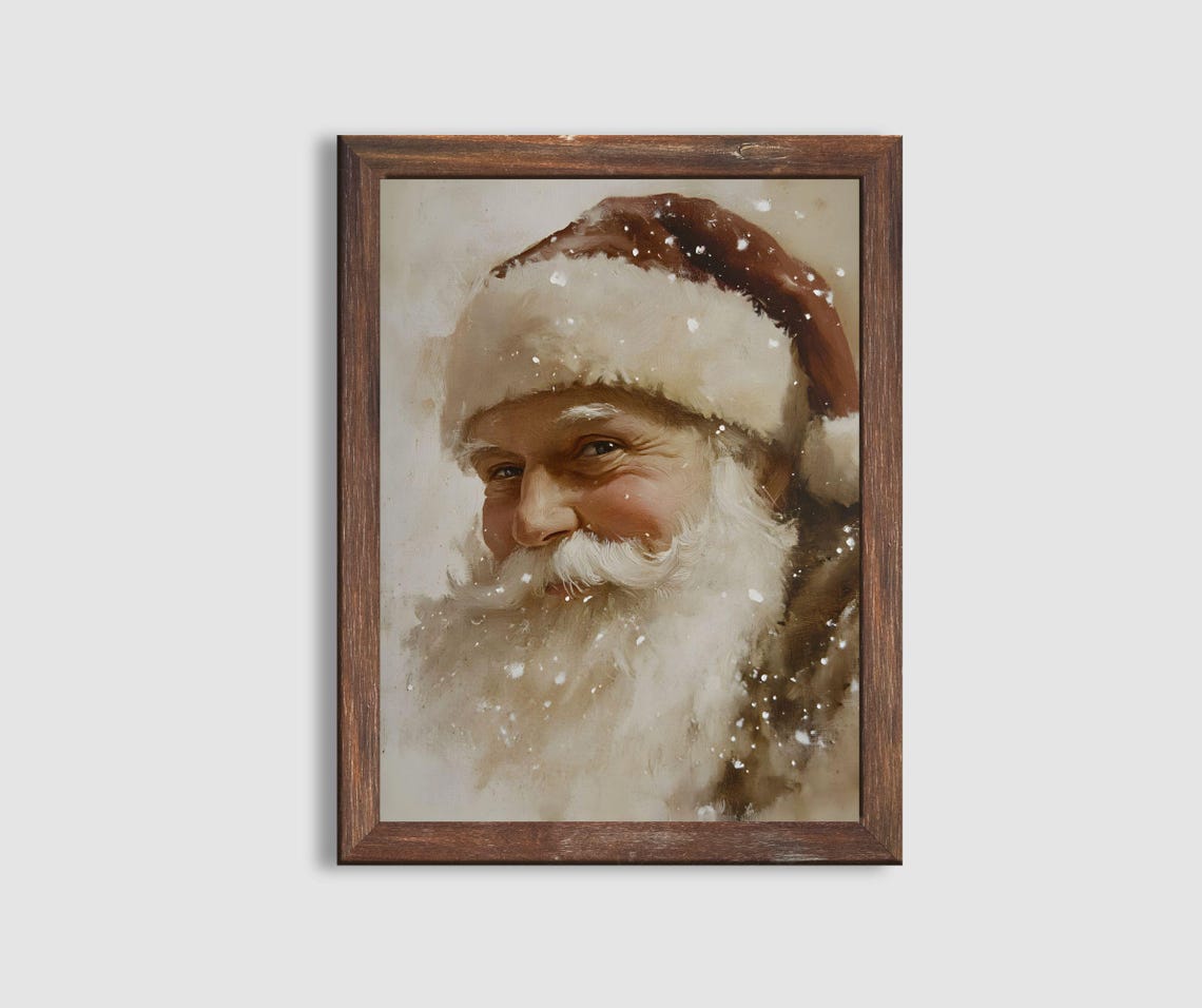 Vintage Santa Claus Portrait Snowfall White Beard Christmas Wall Art - Image 3