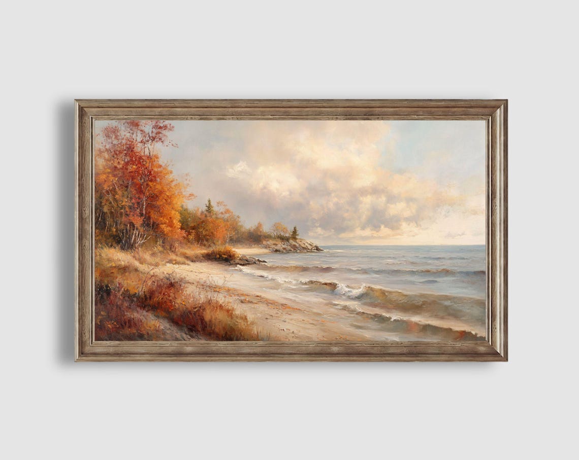 Autumn Beach Coastline Waves Colorful Fall Trees Seascape Art Poster - Image 2