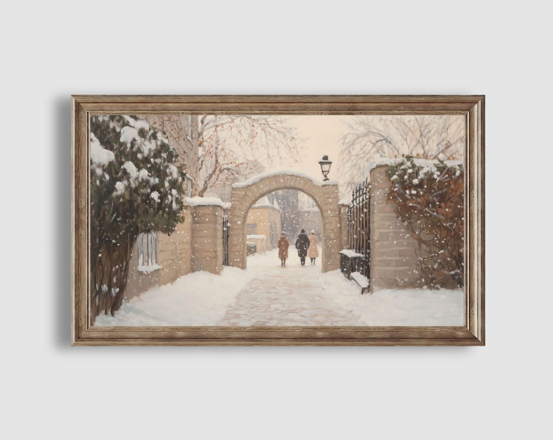 Snowy Garden Archway Gate Figures Winter Walkway Scene Poster - Image 2
