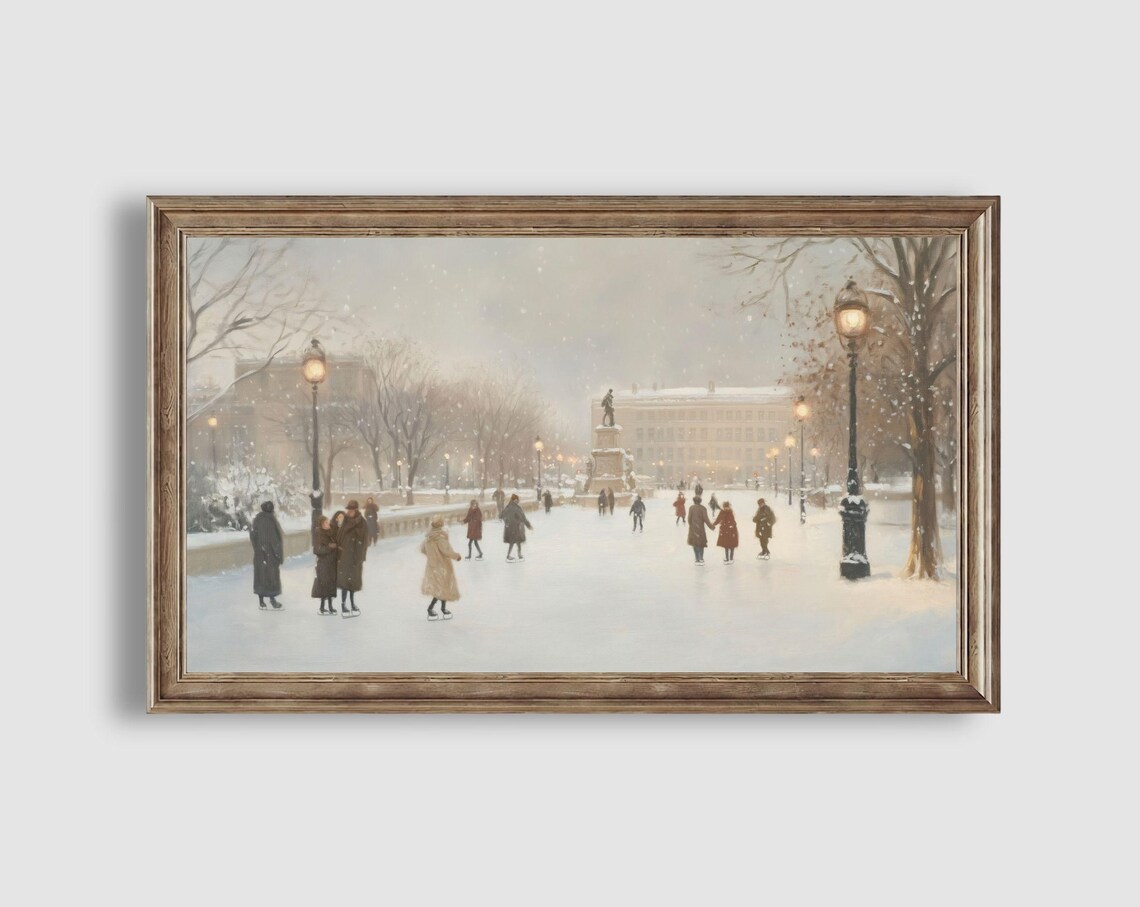 Vintage Ice Skaters Snowy City Plaza Charming Winter Painting Poster - Image 2
