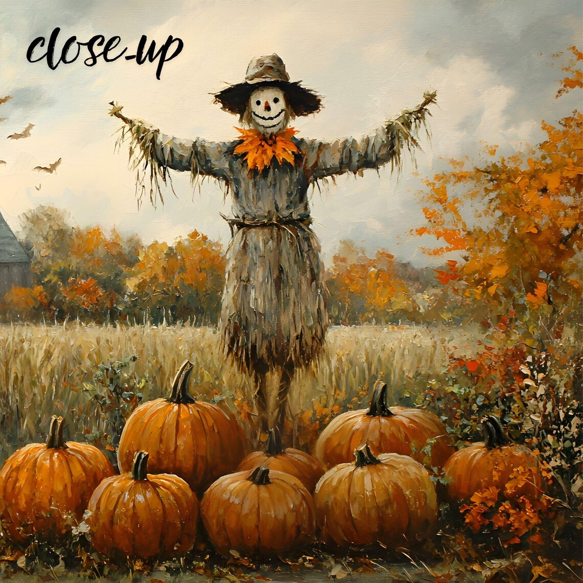 Whimsical Fall Scarecrow with Pumpkins by the Cornfield and Old Barn Poster - Image 4