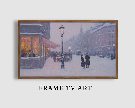 Snowy Evening Street with Glowing Cafe Windows and Strolling Figures Poster