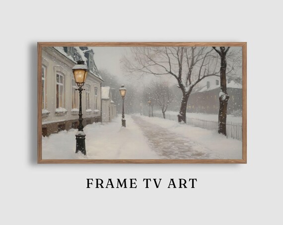 Snowy Lamplit Street Falling Snow Old Town Winter Walk Poster