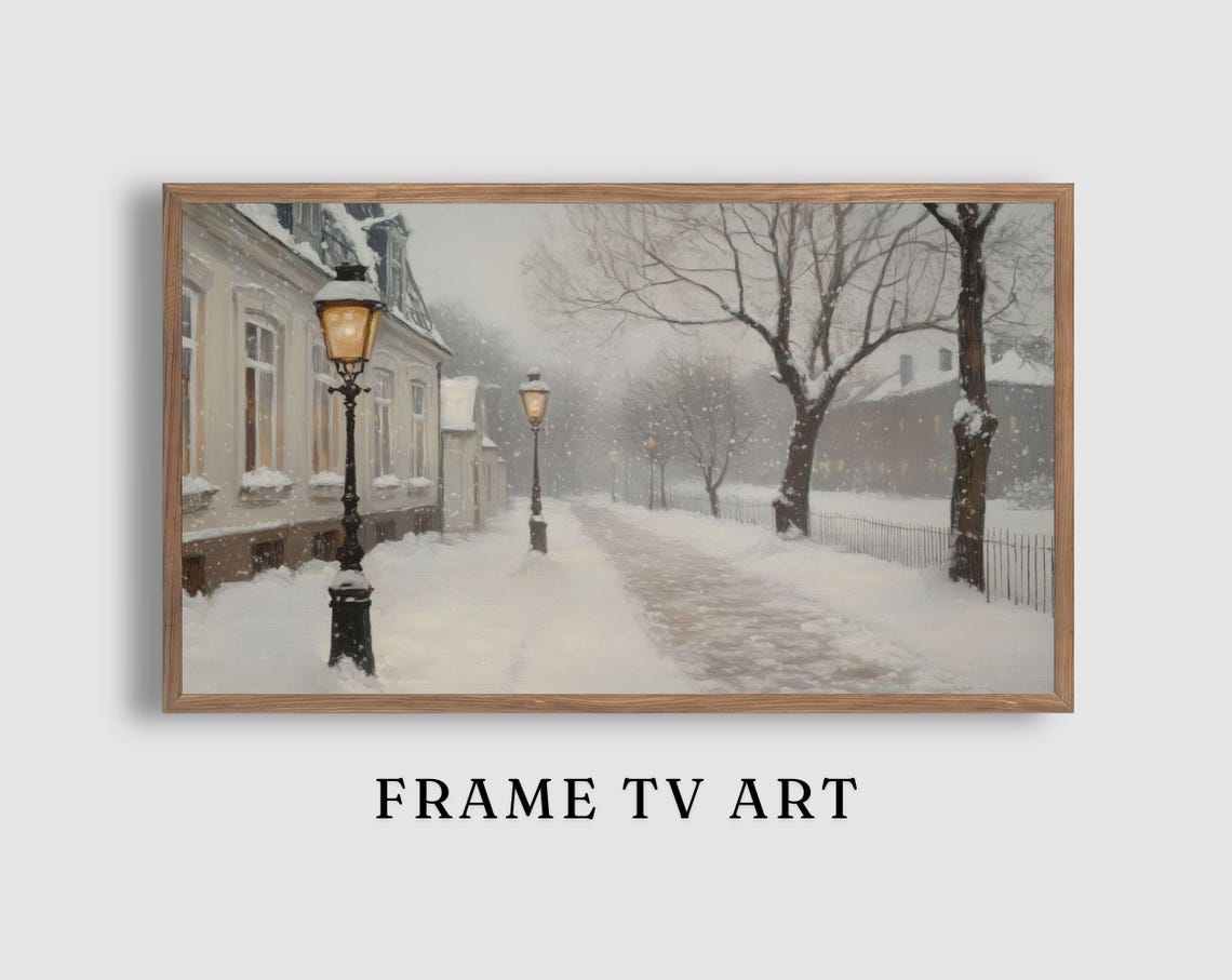 Snowy Lamplit Street Falling Snow Old Town Winter Walk Poster