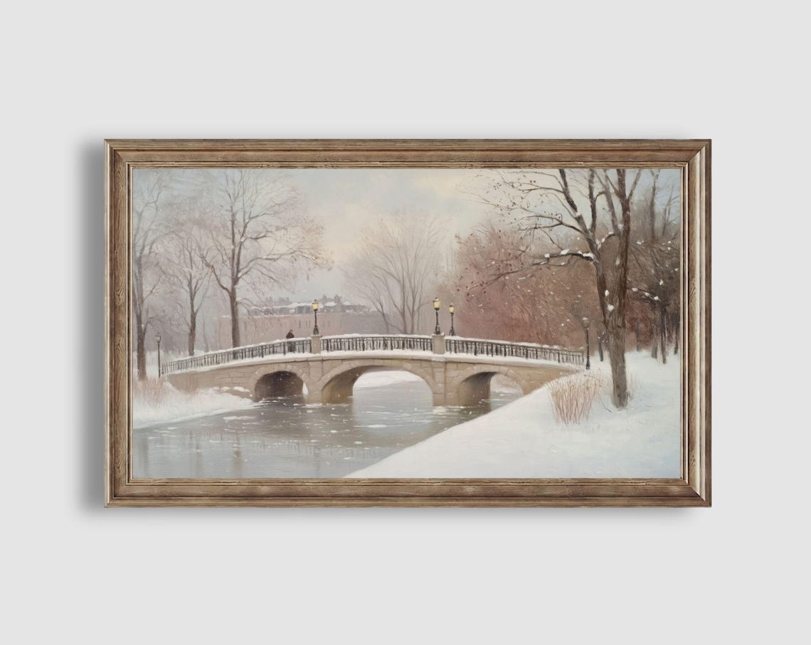 Snowy Park Stone Bridge Frozen River Winter Landscape Poster - Image 2