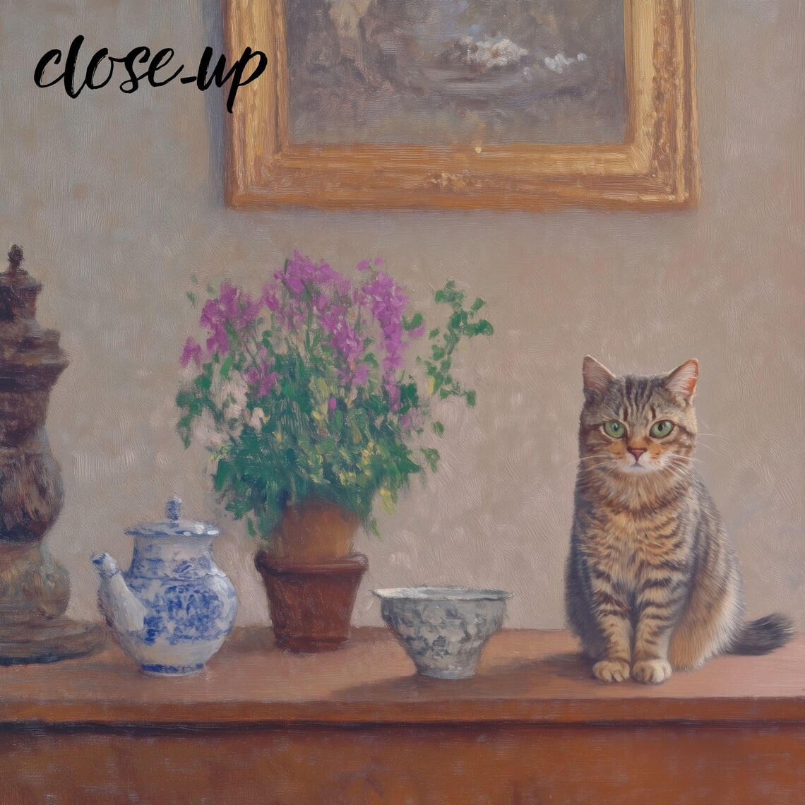Tabby Cat Still Life with Flowers and Teapot by a Snowy Window Painting Poster - Image 4