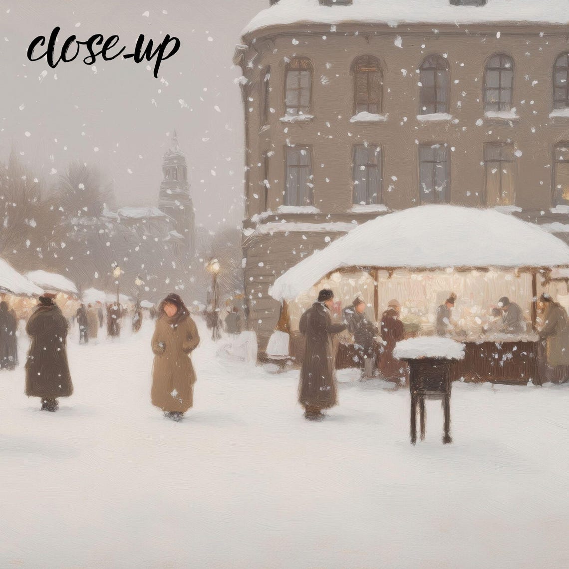 Snowy Christmas Market Stalls Shoppers Falling Snow Village Poster - Image 3