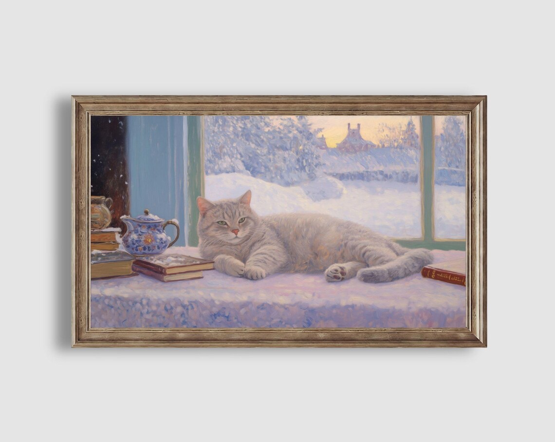 Grey Cat Lounging by a Snowy Window with Books and a Floral Teapot Poster - Image 2