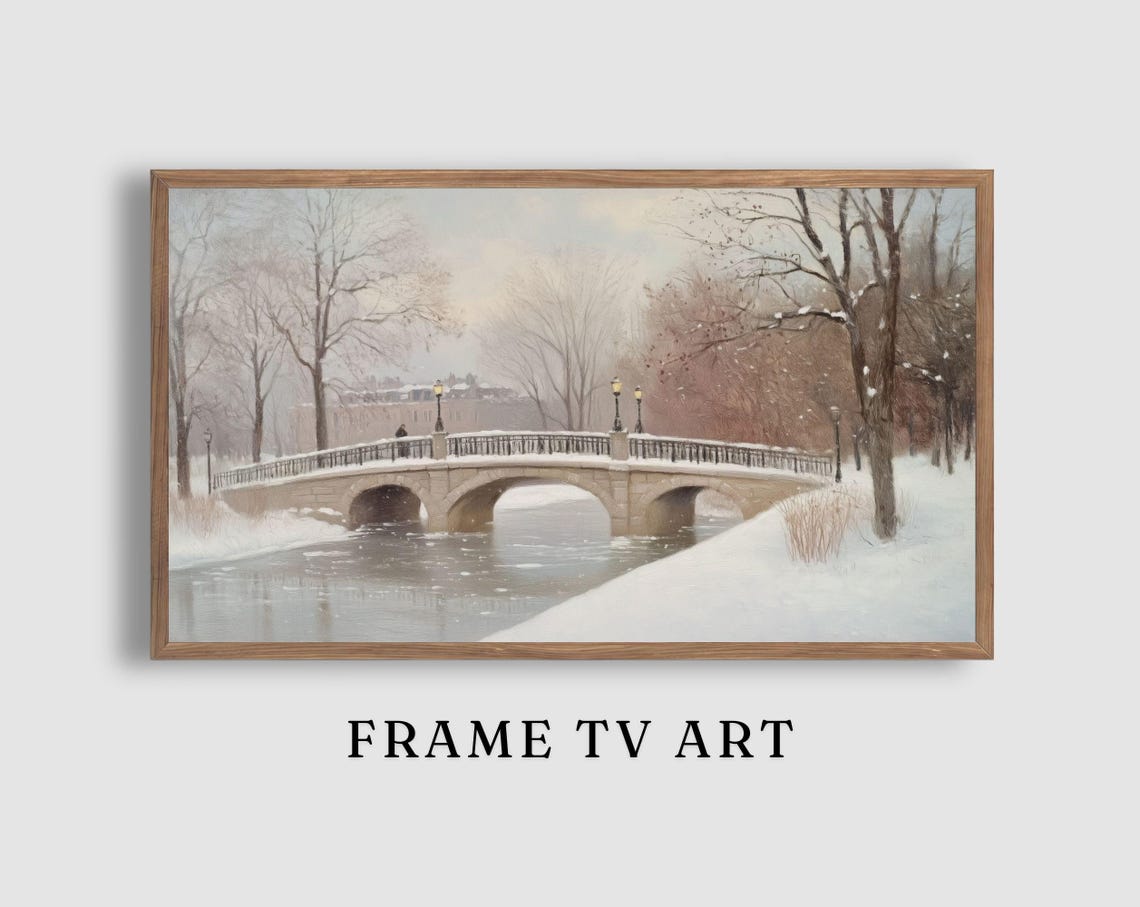 Snowy Park Stone Bridge Frozen River Winter Landscape Poster