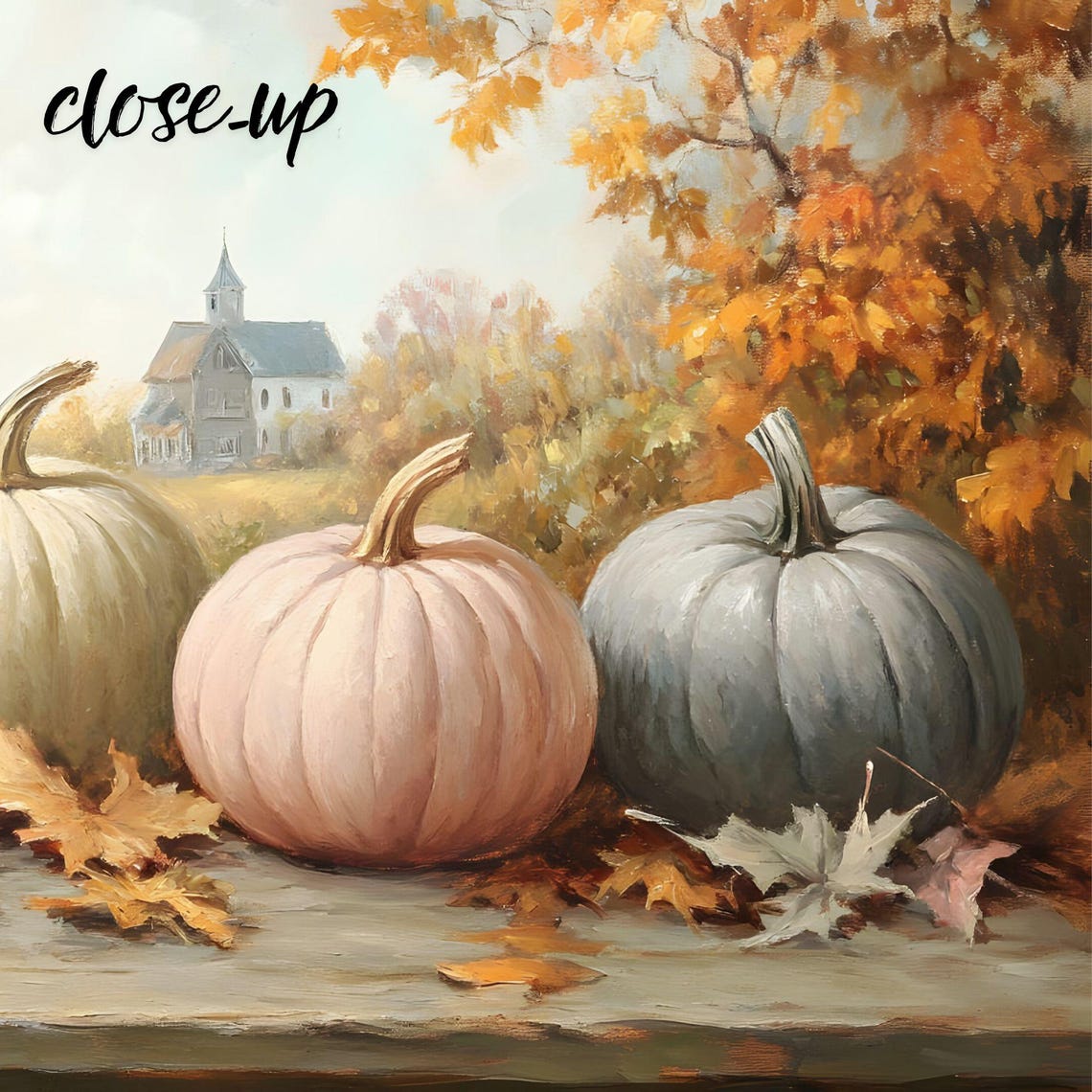 Four Pumpkins with Church View Autumn Harvest Painting Poster - Image 3